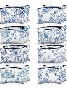 24 Floral Makeup Bags Set - Blue & White Chinoiserie Travel Pouches, Aesthetic